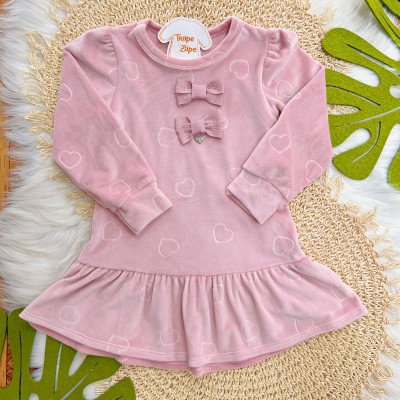 Vestido Manga Longa em Plush Corações e Laços - Rose 